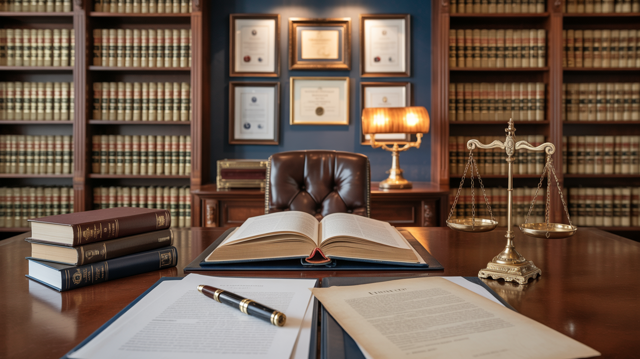 Gabinet prawniczy z dokumentami i wagą — ogłoszenia syndyka