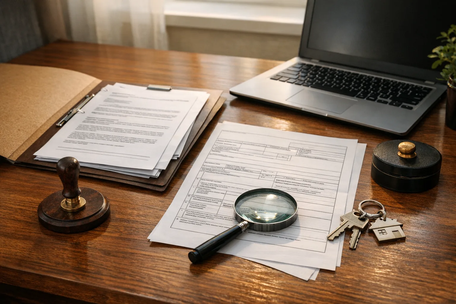 Wydruk księgi wieczystej, klucze i dokumenty sprzedaży nieruchomości na biurku