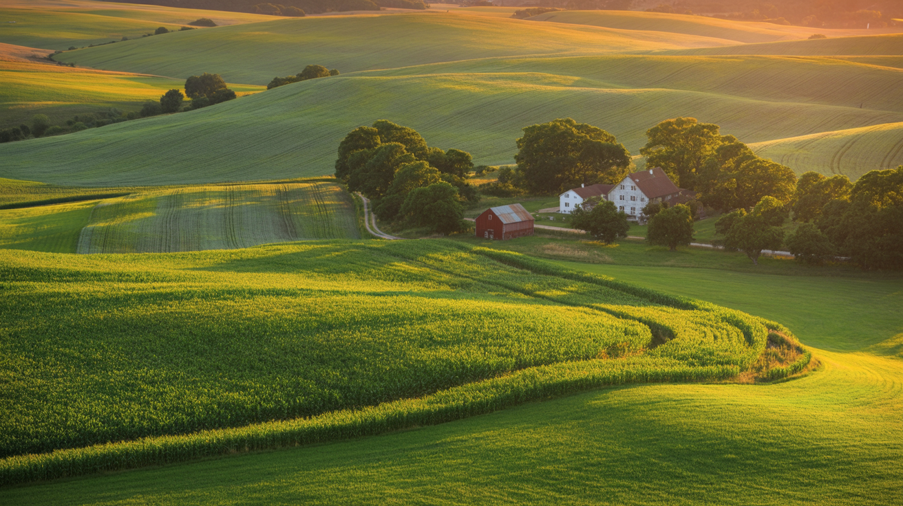 Gospodarstwo rolne o zachodzie słońca – restrukturyzacja rolnika